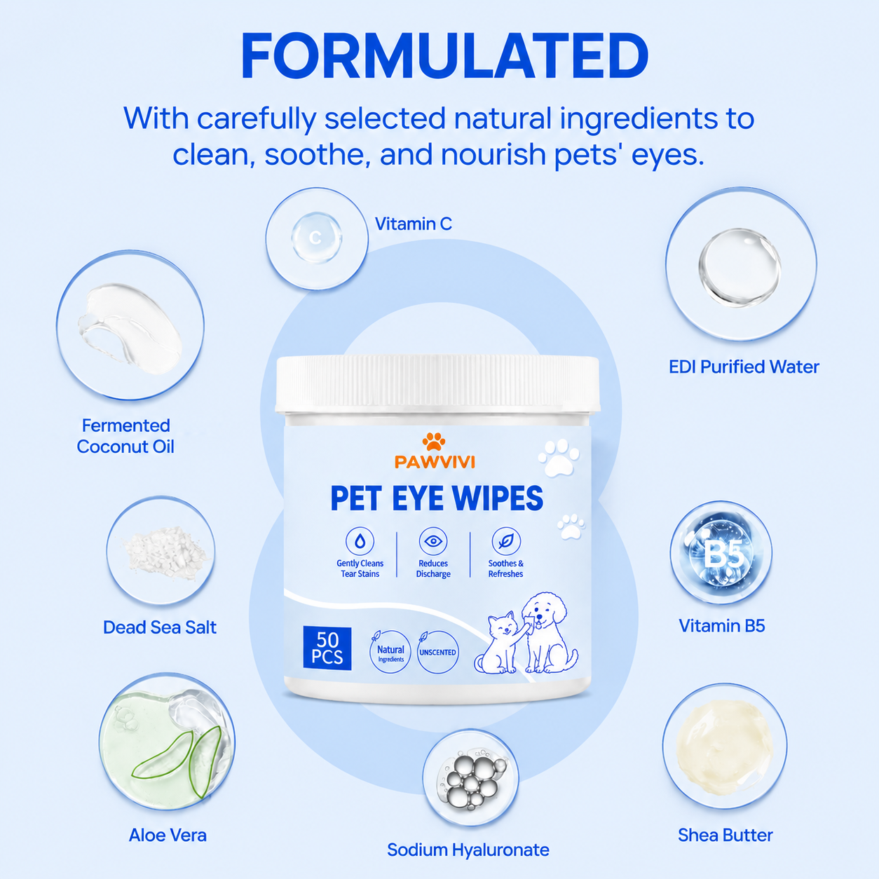 PAWVIVI  Pet Eye Wipes Tear Stain Remover 50 Pads for dogs and cats