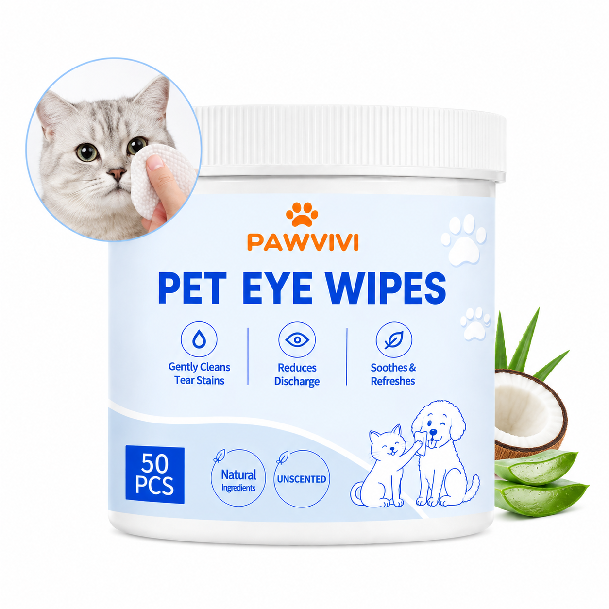 PAWVIVI  Pet Eye Wipes Tear Stain Remover 50 Pads for dogs and cats